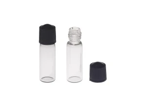 Γυάλινο μπουκαλάκι μινιατούρα 1 ml, 10x35 διάφανο με μαύρο, πλαστικό βιδωτό καπάκι-1