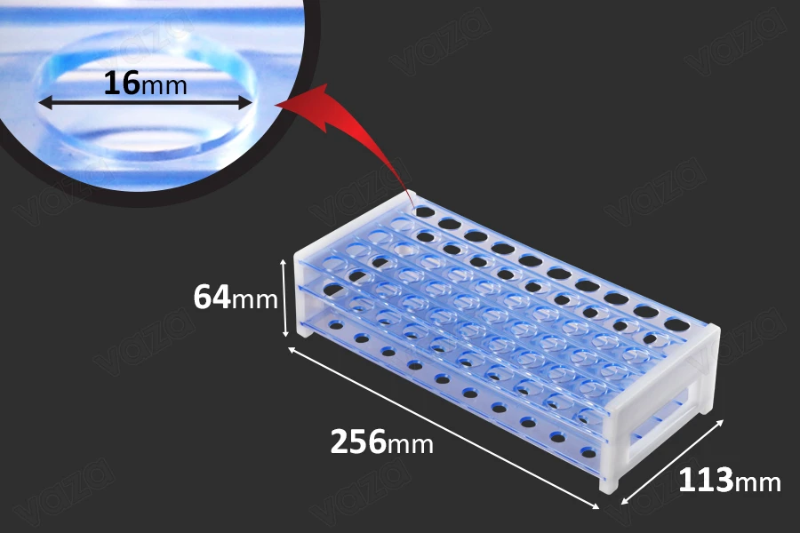 Plastic test tube holder in size 251x107x68 mm with 50 holes (16mm hole opening) Plastic test tube holder in size 251x107x68 mm with 50 holes (16mm hole opening)-