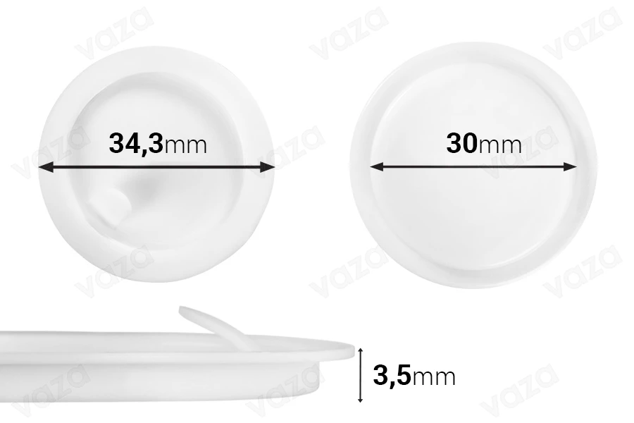Guarnizione in plastica (PE) bianca, altezza 3,50 mm - diametro 34,30 mm (piccola: 30 mm) - confezione da 12 pezzi.-immagine_prodotto