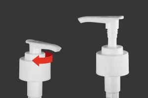 Pompa in plastica 28/410 bianca con chiusura di sicurezza per shampoo e crema.