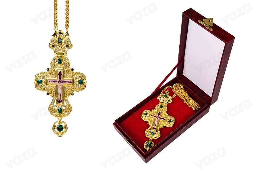 Croix de poitrine avec pierres de couleur, chaîne et étui-photo_produit