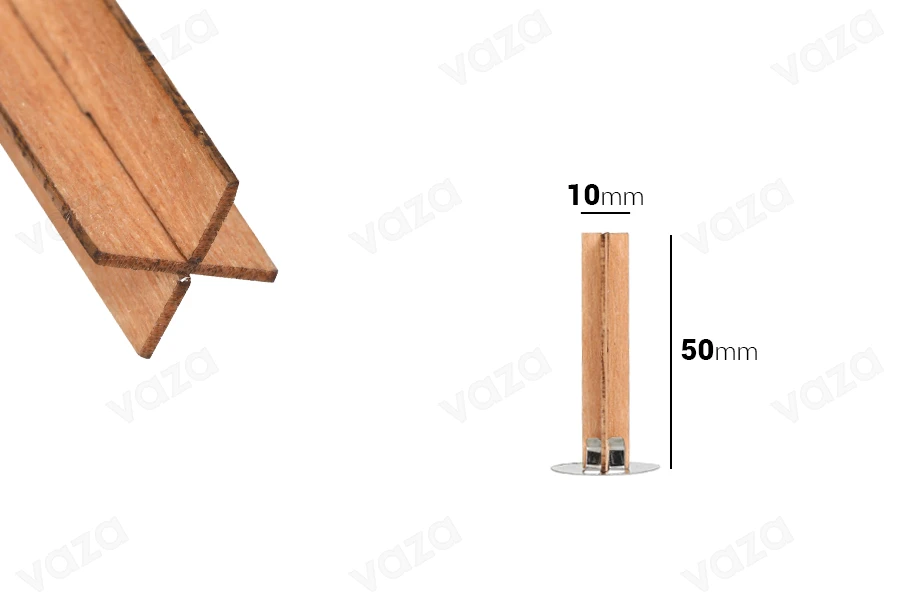 Fitil druri 10x50 mm në formën e një kryqi me një bazë metalike për qirinj - 25 copë-imazh_dimensione