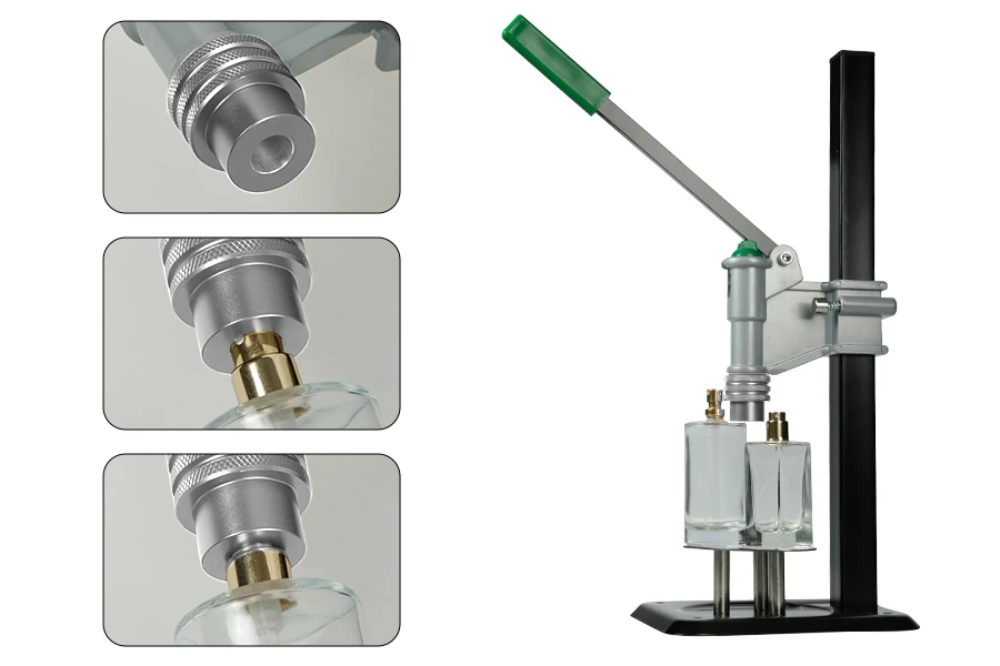 Strumento di chiusura per posizionare anelli spray su flaconi di profumo con chiusure a crimpare 15 mm Strumento di chiusura per posizionare anelli spray su flaconi di profumo con chiusure a crimpare 15 mm