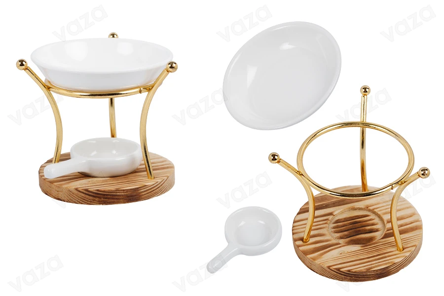 Bruciatore in metallo di forma rotonda con base in legno e cucchiaio in ceramica per tealight, per cialde di cera e oli Bruciatore in metallo di forma rotonda con base in legno e cucchiaio in ceramica per tealight, per cialde di cera e oli-immagine_prodotto
