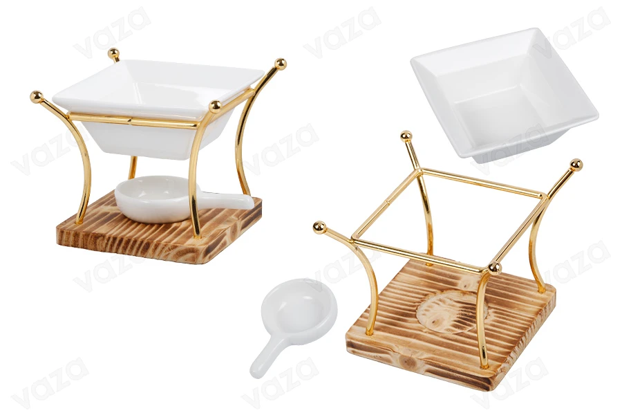 Metallbrenner mit Holzsockel und Keramiklöffel für Teelicht, geeignet für Duftwachse und Öle Metallbrenner mit Holzsockel und Keramiklöffel für Teelicht, geeignet für Duftwachse und Öle-produktbild