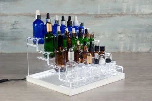 Σταντ (stand) plexiglass φωτιζόμενο με ταινία LED για μπουκαλάκια αιθέριων ελαίων διαφόρων χωρητικοτήτων και βάση λευκή ή μαύρη  - 28 θέσεων-10