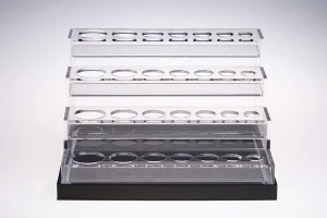 Σταντ (stand) plexiglass φωτιζόμενο με ταινία LED για μπουκαλάκια αιθέριων ελαίων διαφόρων χωρητικοτήτων και βάση λευκή ή μαύρη  - 28 θέσεων-2