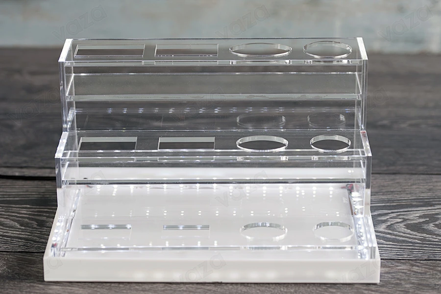 Stand made of plexiglass, with LED lit tape for perfume bottles of various shapes, white or black base - for 12 bottles-εικόνα_σύνθεση