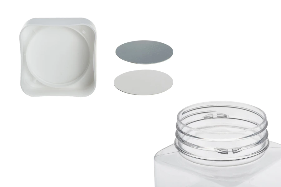 Βάζο για άλατα 520 ml, τετράγωνο, διάφανο, πλαστικό (PET) με άσπρο καπάκι και υψίσυχνο παρέμβυσμα