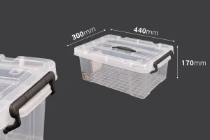 Boîte de rangement aux dimensions 440 x 300 x 170 mm en plastique, transparente avec poignée et fermeture de sécurité-2