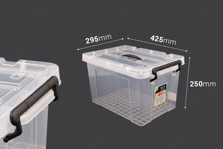 Boîte de rangement aux dimensions 425 x 295 x 250 mm en plastique, transparente avec poignée et fermeture de sécurité Boîte de rangement aux dimensions 425 x 295 x 250 mm en plastique, transparente avec poignée et fermeture de sécurité-photo_dimensions