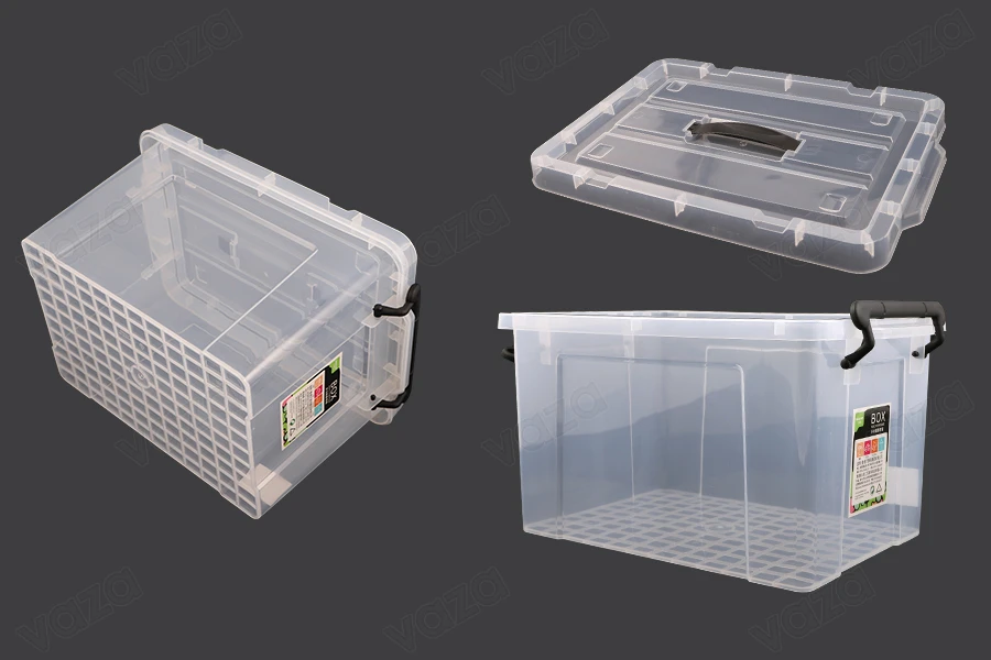 Boîte de rangement aux dimensions 425 x 295 x 250 mm en plastique, transparente avec poignée et fermeture de sécurité Boîte de rangement aux dimensions 425 x 295 x 250 mm en plastique, transparente avec poignée et fermeture de sécurité-photo_groupe