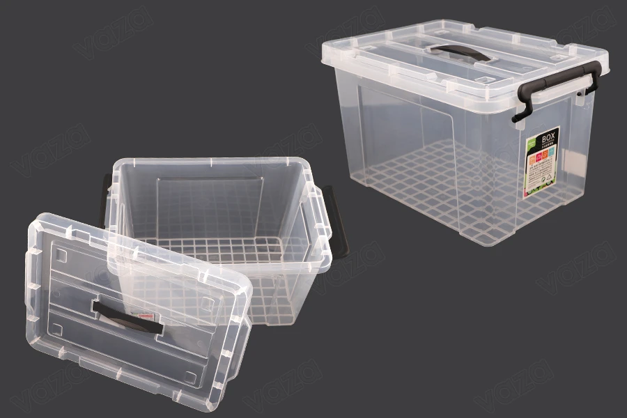 Boîte de rangement aux dimensions 425 x 295 x 250 mm en plastique, transparente avec poignée et fermeture de sécurité Boîte de rangement aux dimensions 425 x 295 x 250 mm en plastique, transparente avec poignée et fermeture de sécurité-photo_produit