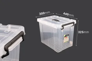 Boîte de rangement aux dimensions 440 x 300 x 325 mm en plastique, transparente avec poignée et fermeture de sécurité-2