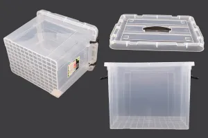 Boîte de rangement aux dimensions 440 x 300 x 325 mm en plastique, transparente avec poignée et fermeture de sécurité-3