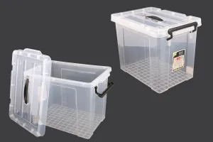 Boîte de rangement aux dimensions 440 x 300 x 325 mm en plastique, transparente avec poignée et fermeture de sécurité-1