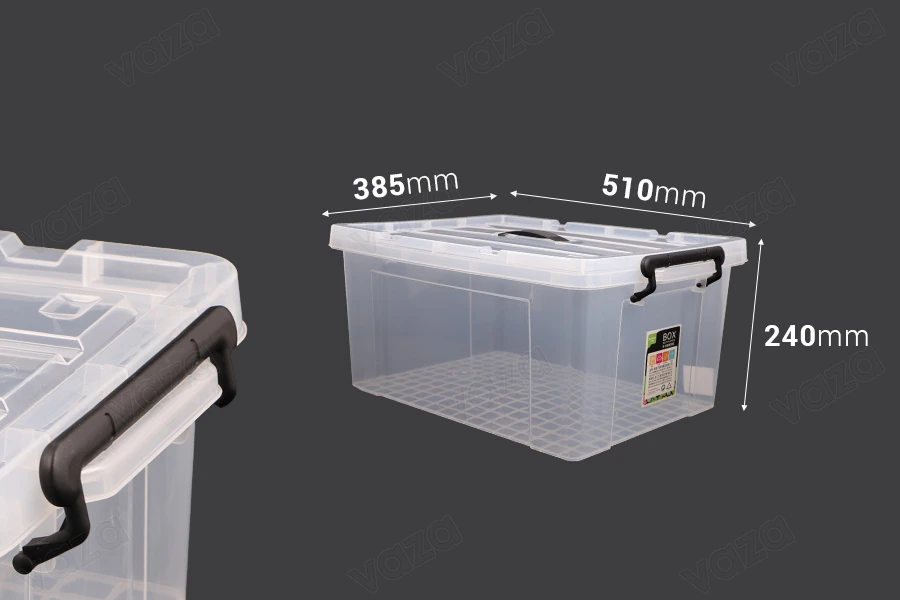 Storage box 510x385x240 mm plastic, transparent with handle and safety closure Storage box 510x385x240 mm plastic, transparent with handle and safety closure-image_dimensions