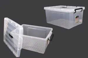 Boîte de rangement aux dimensions 510 x 385 x 240 mm en plastique, transparente avec poignée et fermeture de sécurité-1