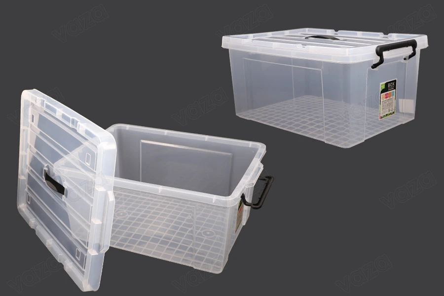 Storage box 510x385x240 mm plastic, transparent with handle and safety closure Storage box 510x385x240 mm plastic, transparent with handle and safety closure-image_product
