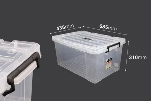 Boîte de rangement aux dimensions 635 x 435 x 310 mm en plastique, transparente avec poignée et fermeture de sécurité-2