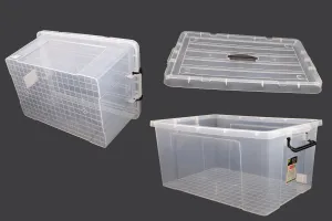 Boîte de rangement aux dimensions 635 x 435 x 310 mm en plastique, transparente avec poignée et fermeture de sécurité-3