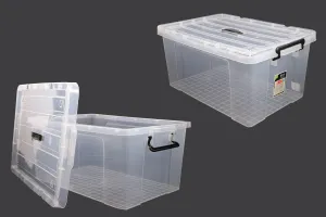 Boîte de rangement aux dimensions 635 x 435 x 310 mm en plastique, transparente avec poignée et fermeture de sécurité-1