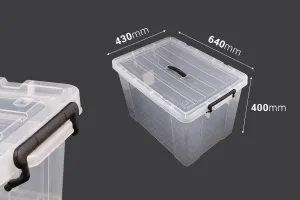 Boîte de rangement aux dimensions 640 x 430 x 400 mm en plastique, transparente avec poignée et fermeture de sécurité-2