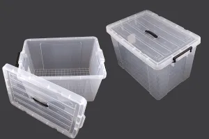 Boîte de rangement aux dimensions 640 x 430 x 400 mm en plastique, transparente avec poignée et fermeture de sécurité-1