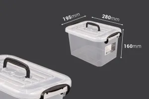 Boîte de rangement aux dimensions 280 x 195 x 160 mm en plastique, transparente, avec poignée et fermeture de sécurité.-2