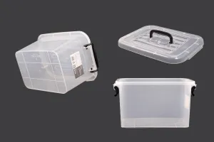 Boîte de rangement aux dimensions 280 x 195 x 160 mm en plastique, transparente, avec poignée et fermeture de sécurité.-3