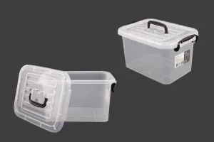 Boîte de rangement aux dimensions 280 x 195 x 160 mm en plastique, transparente, avec poignée et fermeture de sécurité.-1