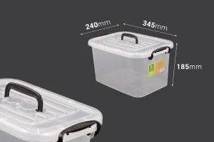 Boîte de rangement aux dimensions 345 x 240 x 185 mm en plastique, transparente, avec poignée et fermeture de sécurité.-2