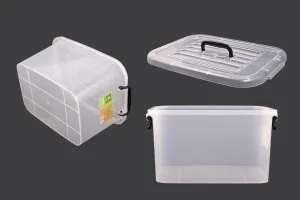 Boîte de rangement aux dimensions 345 x 240 x 185 mm en plastique, transparente, avec poignée et fermeture de sécurité.-3