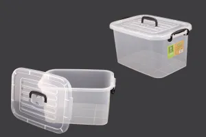 Boîte de rangement aux dimensions 345 x 240 x 185 mm en plastique, transparente, avec poignée et fermeture de sécurité.-1