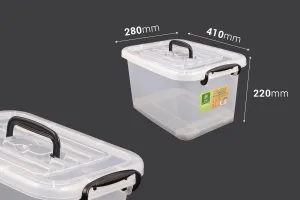 Boîte de rangement aux dimensions 410 x 280 x 220 mm en plastique, transparente, avec poignée et fermeture de sécurité.-2
