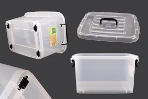 Boîte de rangement aux dimensions 410 x 280 x 220 mm en plastique, transparente, avec poignée et fermeture de sécurité.-3