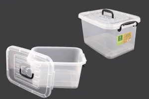 Boîte de rangement aux dimensions 410 x 280 x 220 mm en plastique, transparente, avec poignée et fermeture de sécurité.-1