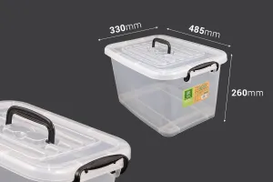 Boîte de rangement aux dimensions 485 x 330 x 260 mm en plastique, transparente, avec poignée et fermeture de sécurité.-2