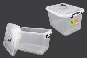 Boîte de rangement aux dimensions 485 x 330 x 260 mm en plastique, transparente, avec poignée et fermeture de sécurité.-1