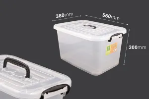 Boîte de rangement aux dimensions 560 x 380 x 300 mm en plastique, transparente, avec poignée et fermeture de sécurité.-2