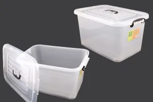 Boîte de rangement aux dimensions 560 x 380 x 300 mm en plastique, transparente, avec poignée et fermeture de sécurité.-1