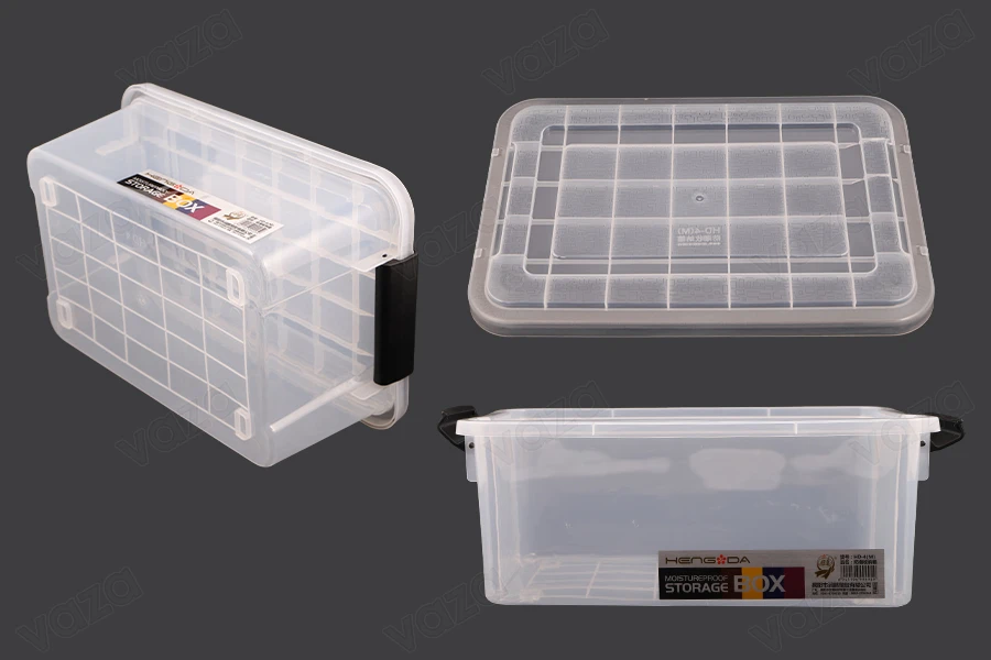Boîte de rangement aux dimensions 400 x 270 x 170 mm en plastique transparent avec fermeture de sécurité-photo_groupe