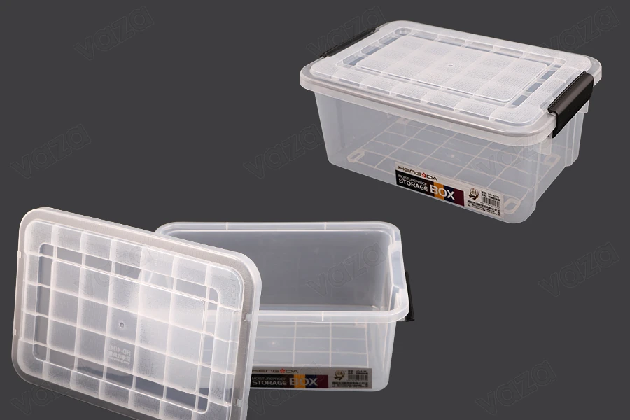 Boîte de rangement aux dimensions 400 x 270 x 170 mm en plastique transparent avec fermeture de sécurité-photo_produit