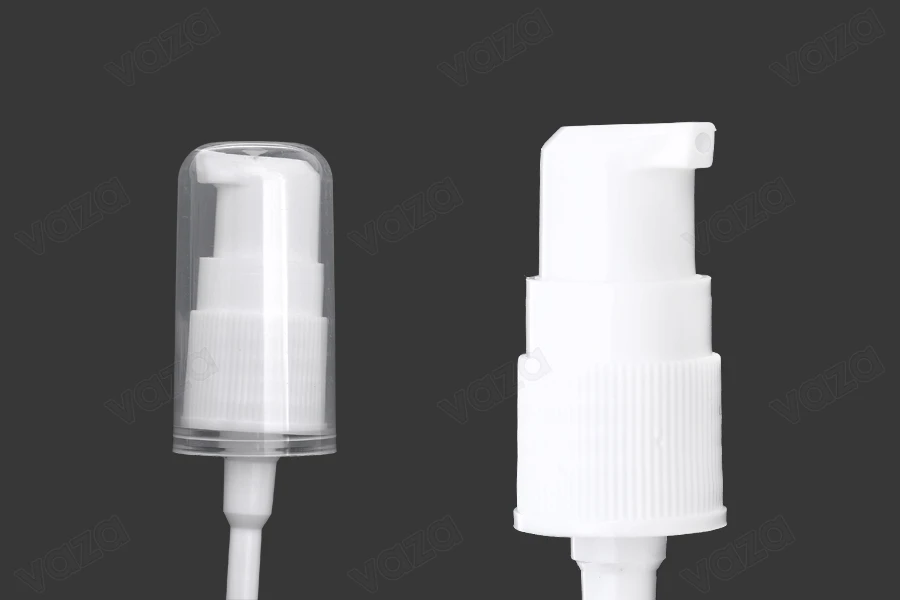 Pompa per crema bianca in PP 18 con coperchio trasparente. Pompa per crema bianca in PP 18 con coperchio trasparente.-immagine_prodotto