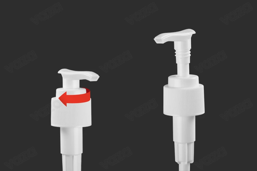 Pompa in plastica 24/410 bianca con sicurezza per shampoo, crema o lozione. Pompa in plastica 24/410 bianca con sicurezza per shampoo, crema o lozione.-immagine_prodotto
