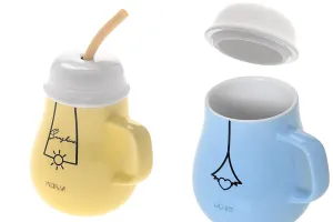 Bicchiere in ceramica da 385 ml con coperchio e cucchiaio-cannuccia in vari colori-3