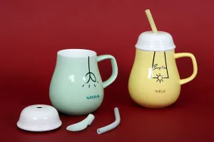 Bicchiere in ceramica da 385 ml con coperchio e cucchiaio-cannuccia in vari colori-4
