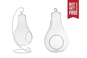 Articolo decorativo appendibile in vetro a forma di  lampada con base bianca in metallo-1