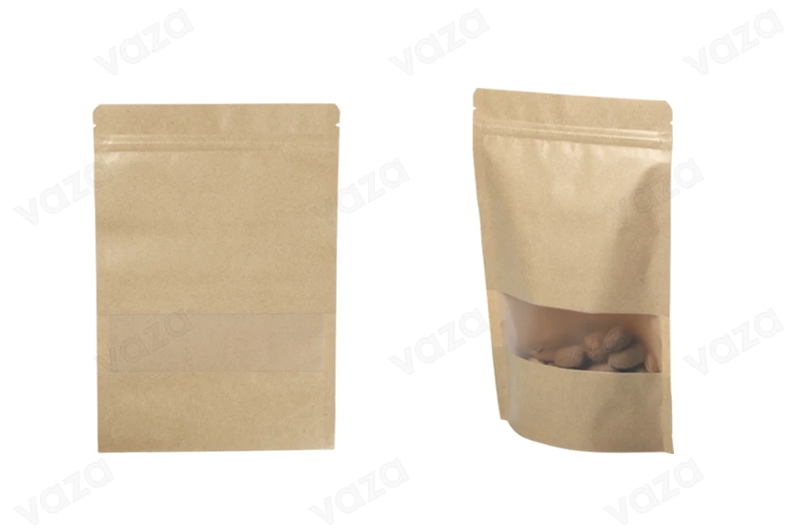 Σακουλάκια κραφτ τύπου Doy Pack  200x50x295 mm, με κλείσιμο "zip" και παράθυρο, εσωτερική και εξωτερική διάφανη επένδυση και δυνατότητα σφράγισης με θερμοκόλληση - 100 τμχ-εικόνα_προϊοντική