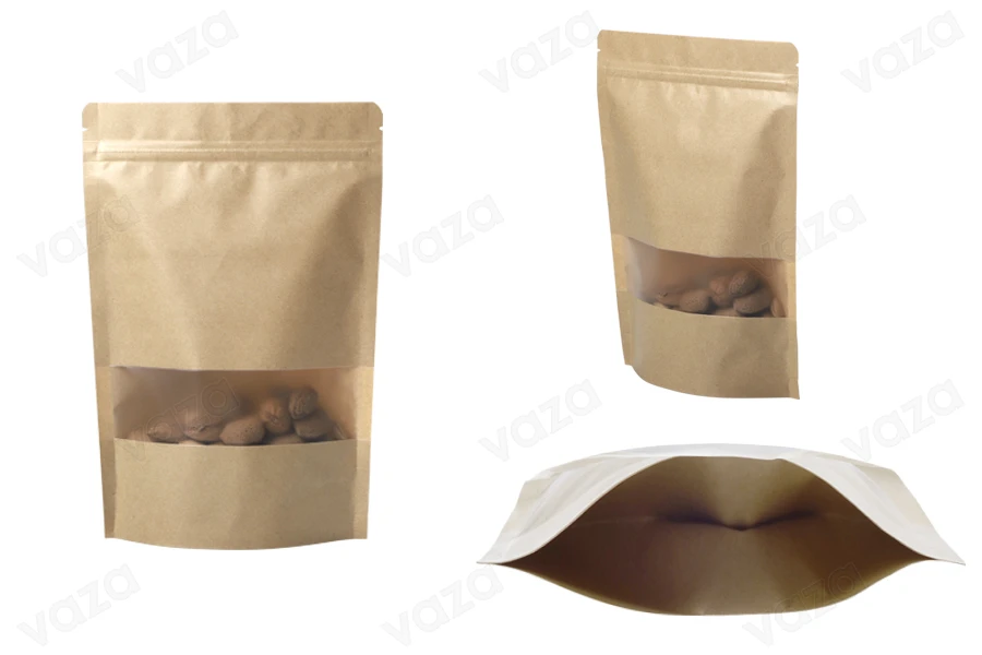 Σακουλάκια κραφτ τύπου Doy Pack  200x50x295 mm, με κλείσιμο "zip" και παράθυρο, εσωτερική και εξωτερική διάφανη επένδυση και δυνατότητα σφράγισης με θερμοκόλληση - 100 τμχ-εικόνα_σύνθεση